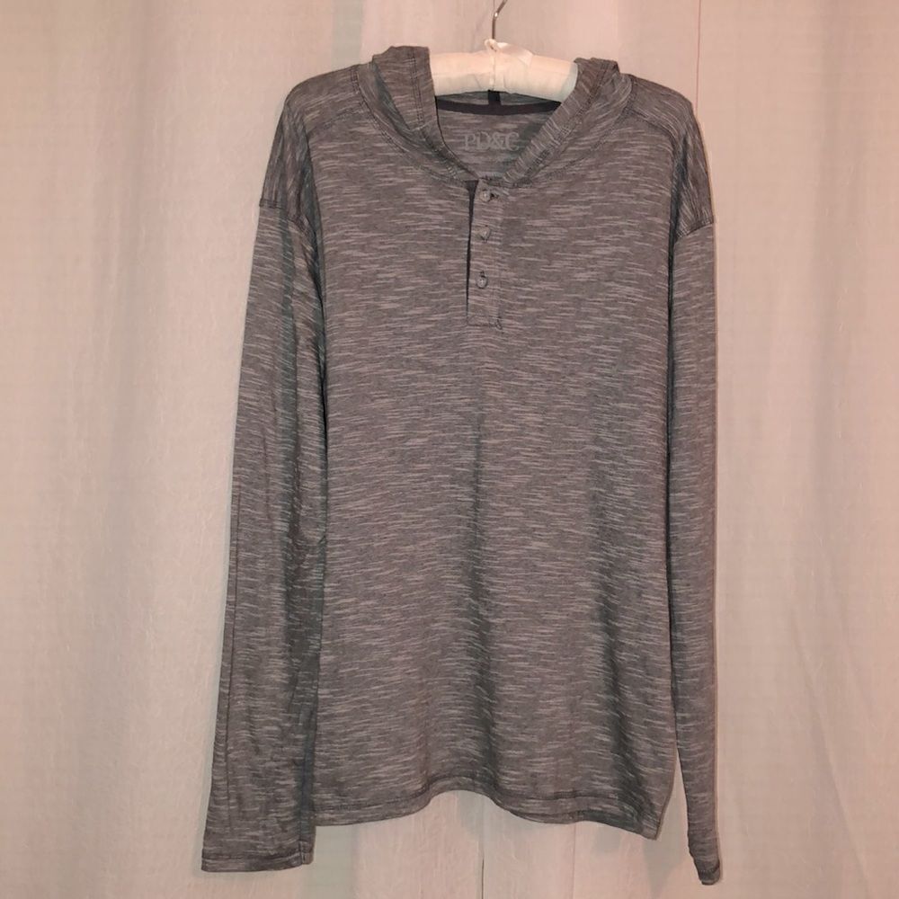 PD&C XXL Smoke Grey Heather 💯 Cotton Hooded Three Button Pullover Henley